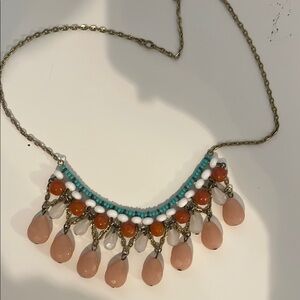 Orange and Blue Beaded Necklace with Teardrop Pendants